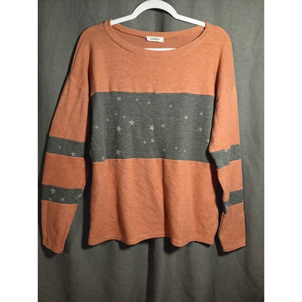 Adora Women’s Small Rust Orange Stripe Star Print Lightweight Soft Long Sleeve - Picture 2 of 7